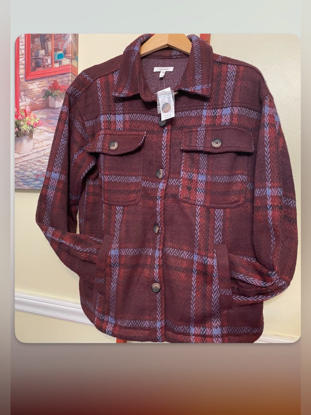 Women's Burgundy Plaid Button-Up Shacket Jacket